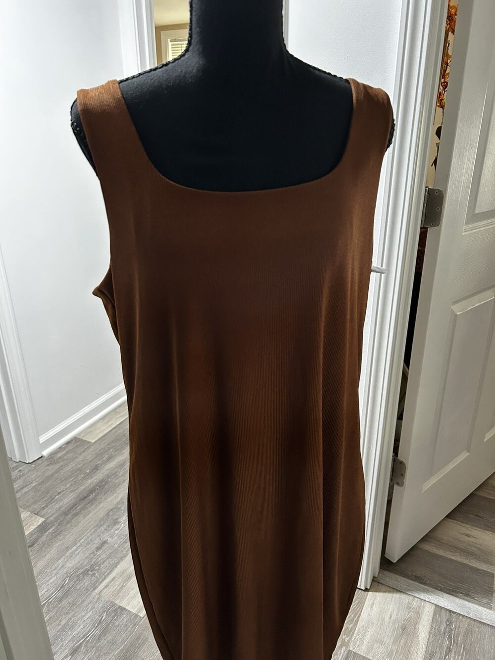 A New Day Sz XL Brown Ribbed Tank Dress Stretchy Slinky Square Neck Mini